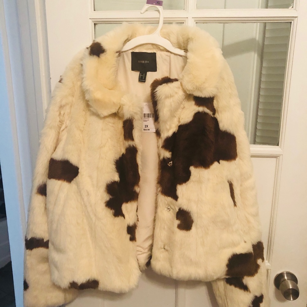 Plus Size Faux Fur Cow Print Jacket